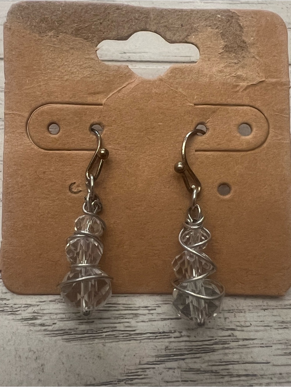 Handmade Clear Faceted Crystal Glass Bead Wire Wrapped Dangle Earrings